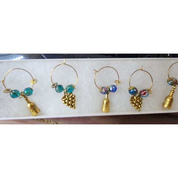 Wine Bottle Charm Set  5 Gold Color Metal Charm Multi Color Glass Bead - Picture 1 of 4